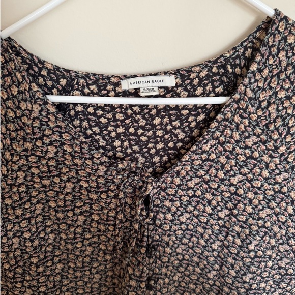 American Eagle Sz Small Long Sleeve Baby Doll Dress Button-Up V-Neck Tie Collar - Picture 3 of 8